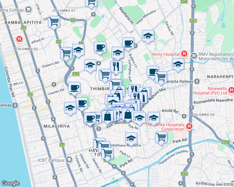 map of restaurants, bars, coffee shops, grocery stores, and more near Jawatta Road in Colombo