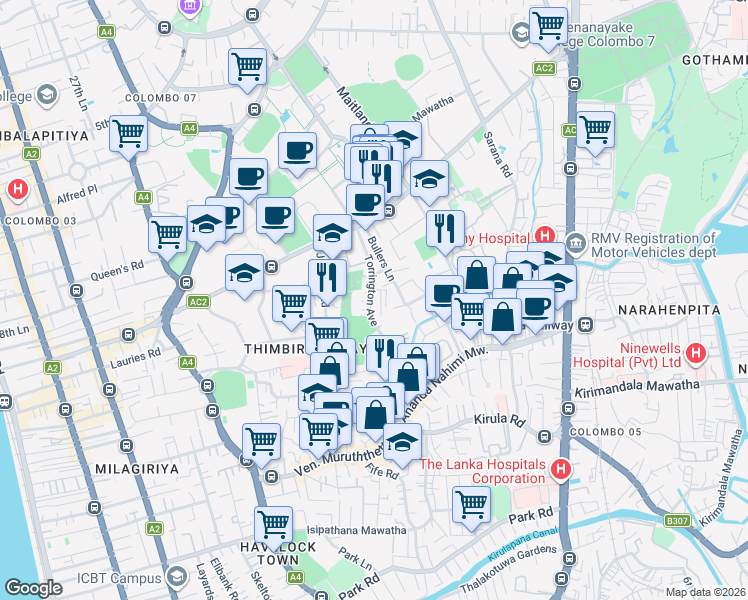 map of restaurants, bars, coffee shops, grocery stores, and more near 7 Torrington Avenue in Colombo