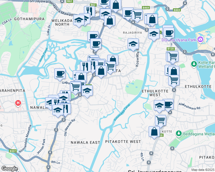 map of restaurants, bars, coffee shops, grocery stores, and more near 4th Lane in Sri Jayawardenepura Kotte