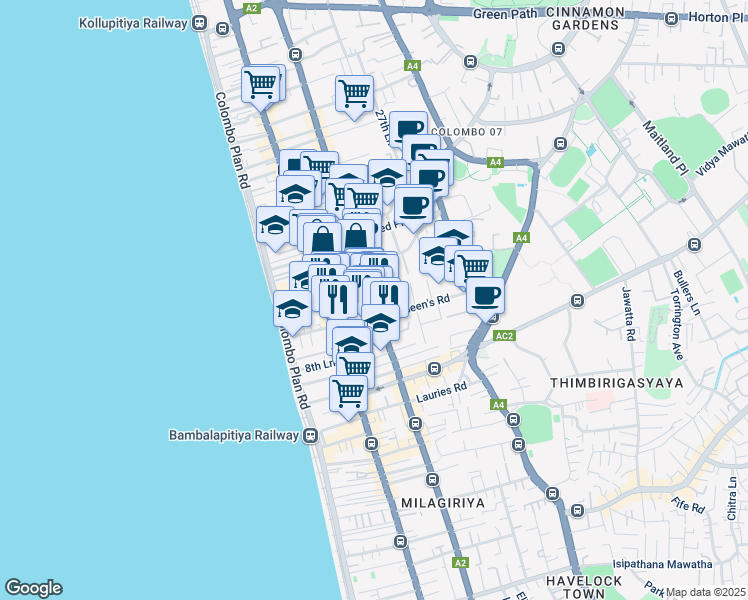 map of restaurants, bars, coffee shops, grocery stores, and more near R A De Mel Mawatha in Colombo