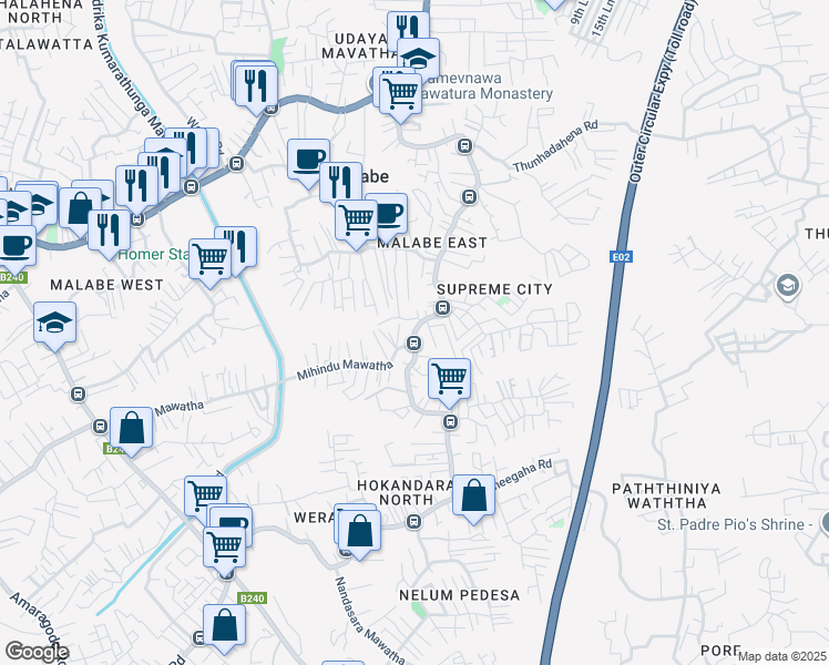 map of restaurants, bars, coffee shops, grocery stores, and more near Kahanthota Road in Malabe