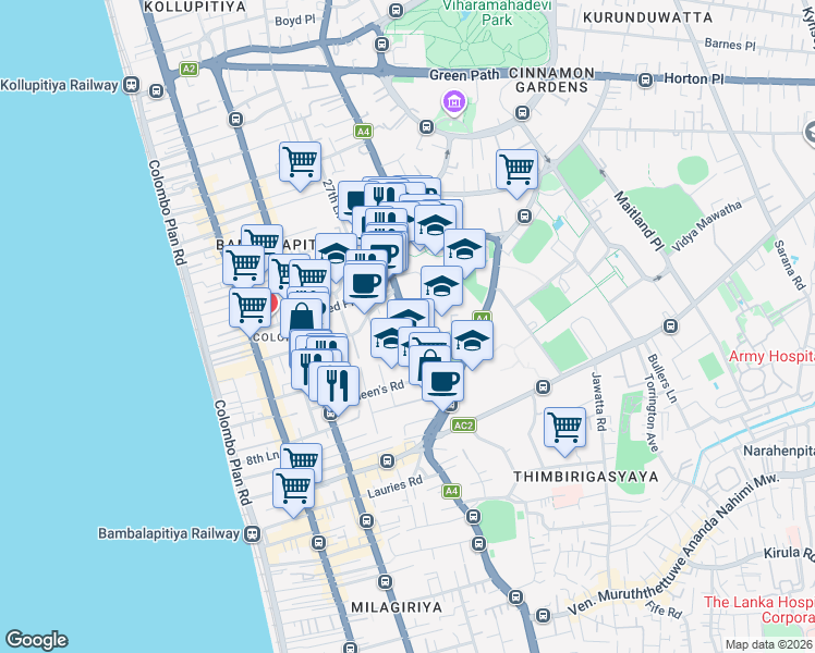 map of restaurants, bars, coffee shops, grocery stores, and more near Cumaratunga Munidasa Mawatha in Colombo