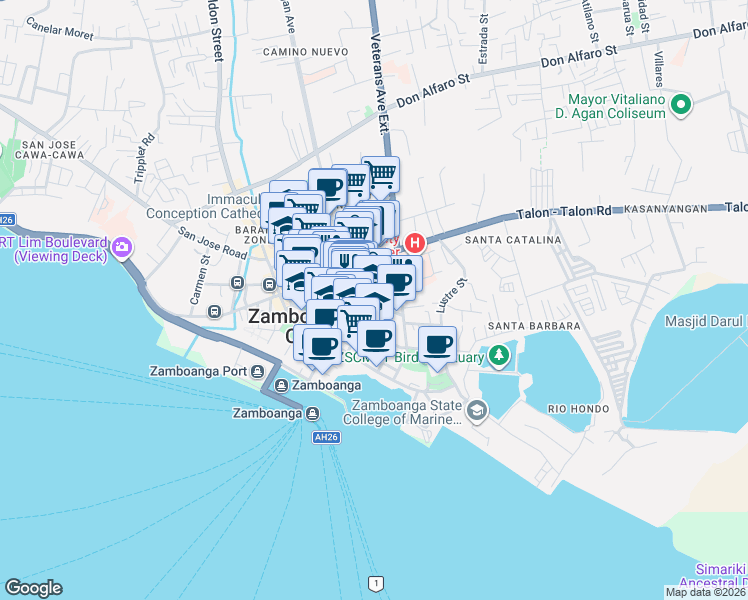 map of restaurants, bars, coffee shops, grocery stores, and more near Pilar Street in Zamboanga City