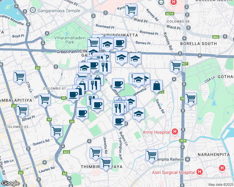 map of restaurants, bars, coffee shops, grocery stores, and more near Maitland Place in Colombo