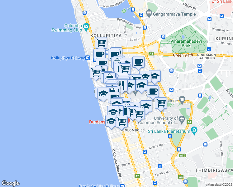 map of restaurants, bars, coffee shops, grocery stores, and more near Deal Place in Colombo