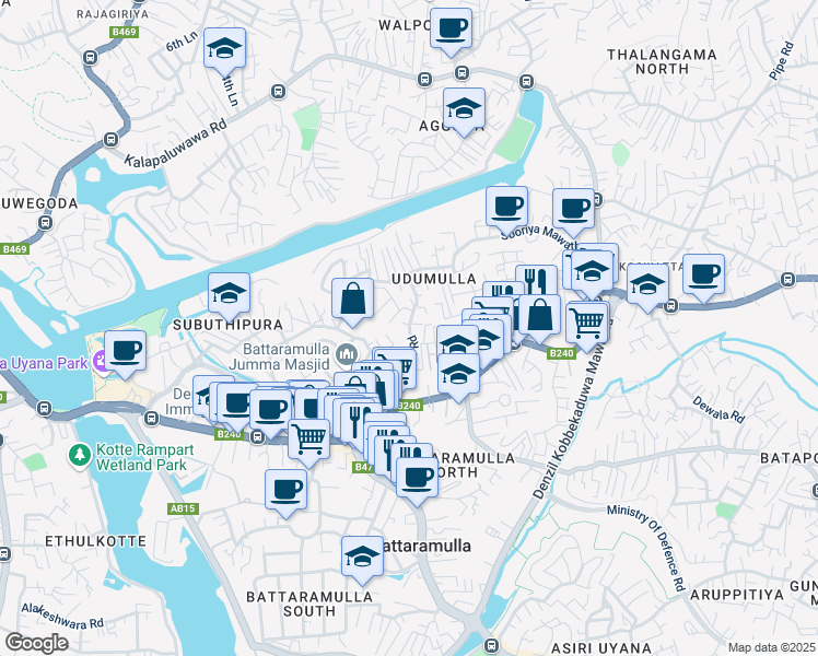 map of restaurants, bars, coffee shops, grocery stores, and more near Udumulla Road in Battaramulla