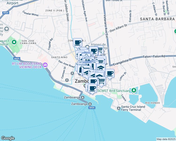 map of restaurants, bars, coffee shops, grocery stores, and more near Tomas Claudio Street in Zamboanga City