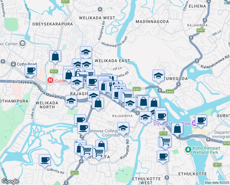 map of restaurants, bars, coffee shops, grocery stores, and more near Buthgamuwa Road in Sri Jayawardenepura Kotte