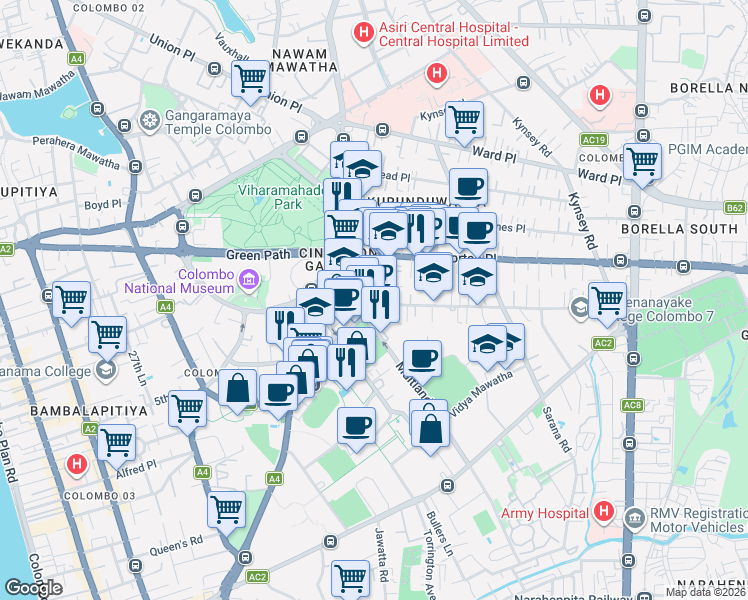 map of restaurants, bars, coffee shops, grocery stores, and more near Maitland Crescent in Colombo