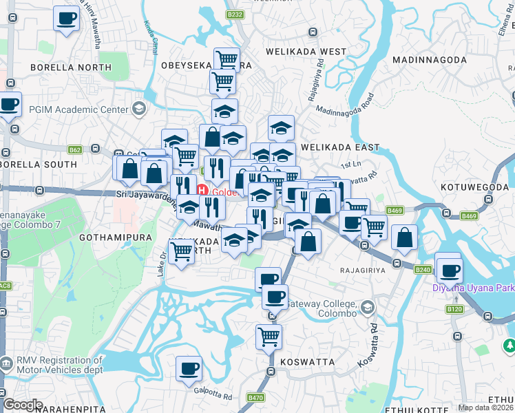 map of restaurants, bars, coffee shops, grocery stores, and more near Sarana Road in Sri Jayawardenepura Kotte