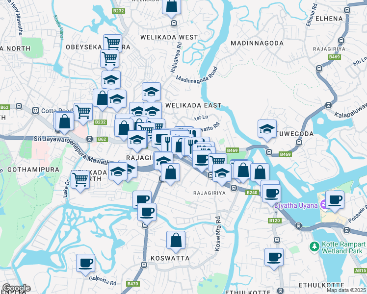 map of restaurants, bars, coffee shops, grocery stores, and more near Meda Welikada Road in Sri Jayawardenepura Kotte