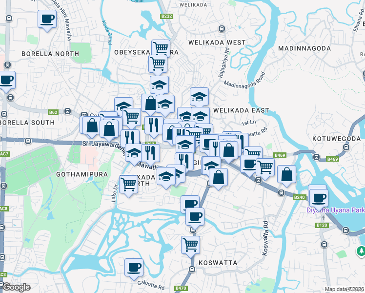 map of restaurants, bars, coffee shops, grocery stores, and more near Borella - Rajagiriya Road in Sri Jayawardenepura Kotte