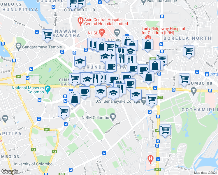 map of restaurants, bars, coffee shops, grocery stores, and more near Horton Place in Colombo