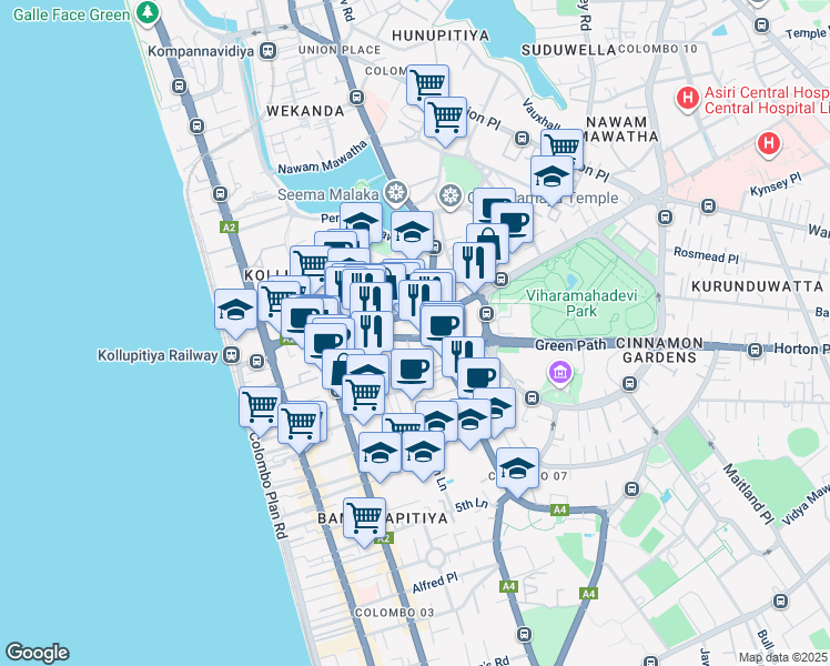 map of restaurants, bars, coffee shops, grocery stores, and more near 59 Ananda Coomaraswamy Mawatha in Colombo
