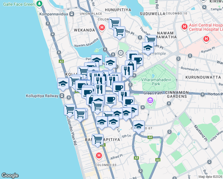 map of restaurants, bars, coffee shops, grocery stores, and more near 59 Ananda Coomaraswamy Mawatha in Colombo