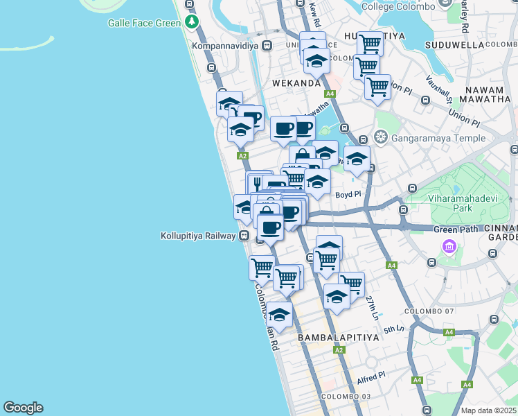map of restaurants, bars, coffee shops, grocery stores, and more near 210 Galle Road in Colombo