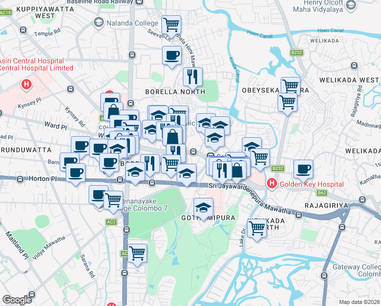 map of restaurants, bars, coffee shops, grocery stores, and more near Cotta Road in Colombo
