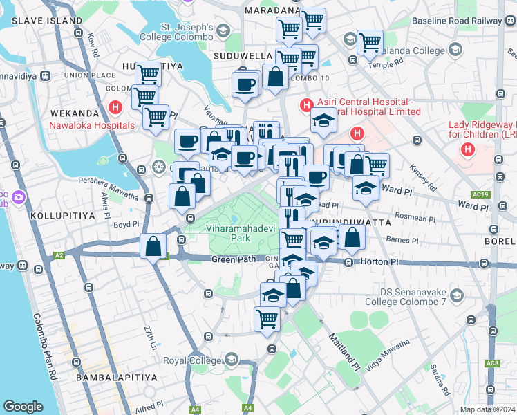 map of restaurants, bars, coffee shops, grocery stores, and more near 7 F. R. Senanayake Mawatha in Colombo