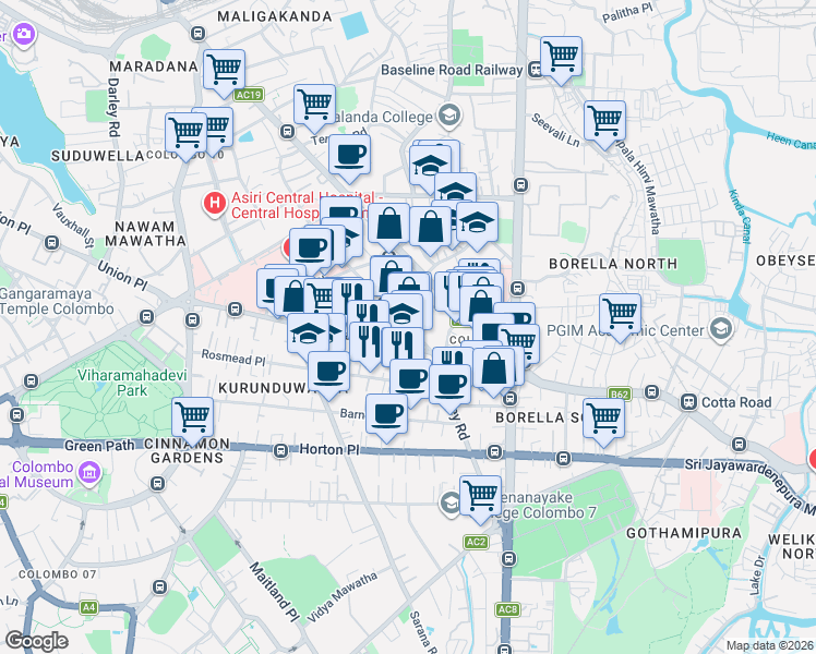map of restaurants, bars, coffee shops, grocery stores, and more near Kynsey Road in Colombo