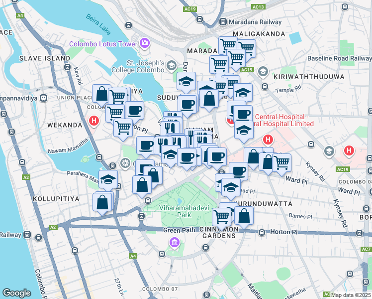 map of restaurants, bars, coffee shops, grocery stores, and more near Union Place in Colombo
