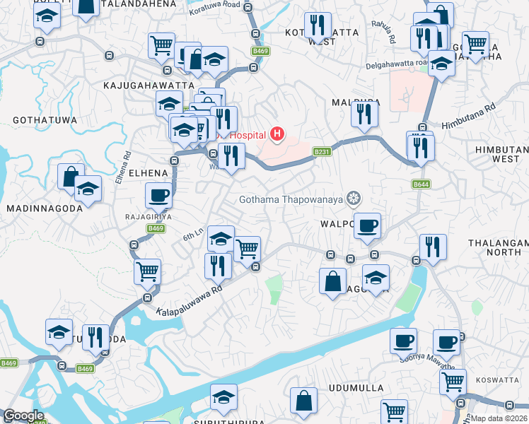 map of restaurants, bars, coffee shops, grocery stores, and more near Halgahadeniya Road in Colombo