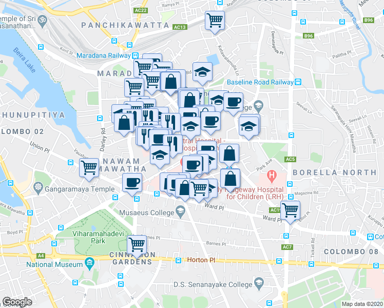 map of restaurants, bars, coffee shops, grocery stores, and more near Kynsey Road in Colombo