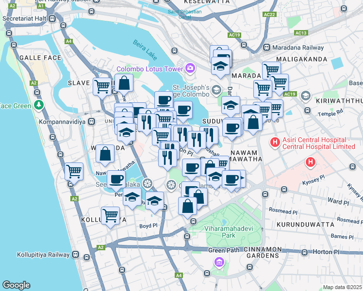 map of restaurants, bars, coffee shops, grocery stores, and more near Union Place in Colombo