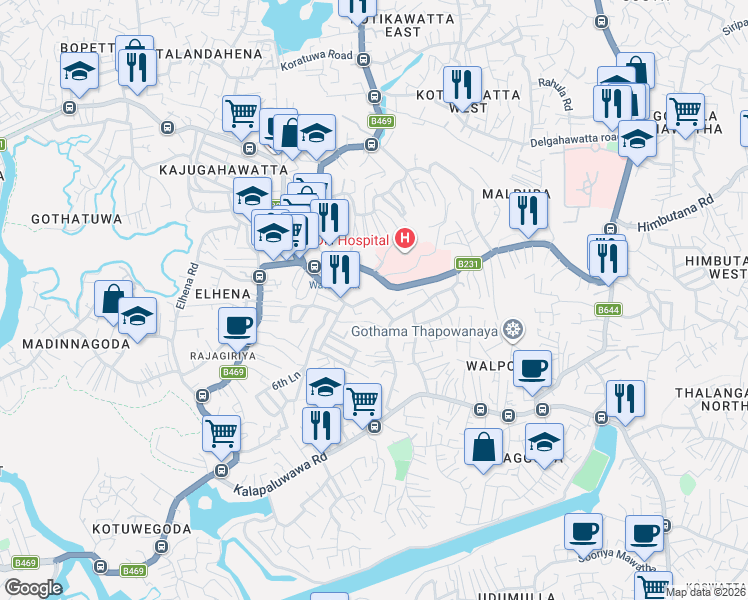 map of restaurants, bars, coffee shops, grocery stores, and more near Halgahadeniya Road in Colombo