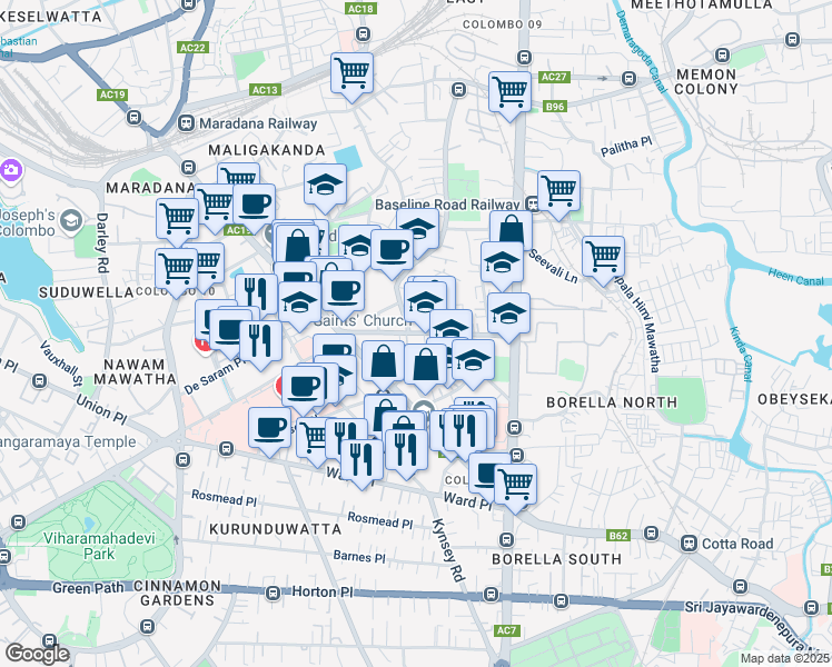 map of restaurants, bars, coffee shops, grocery stores, and more near Ananda Rajakaruna Mawatha in Colombo