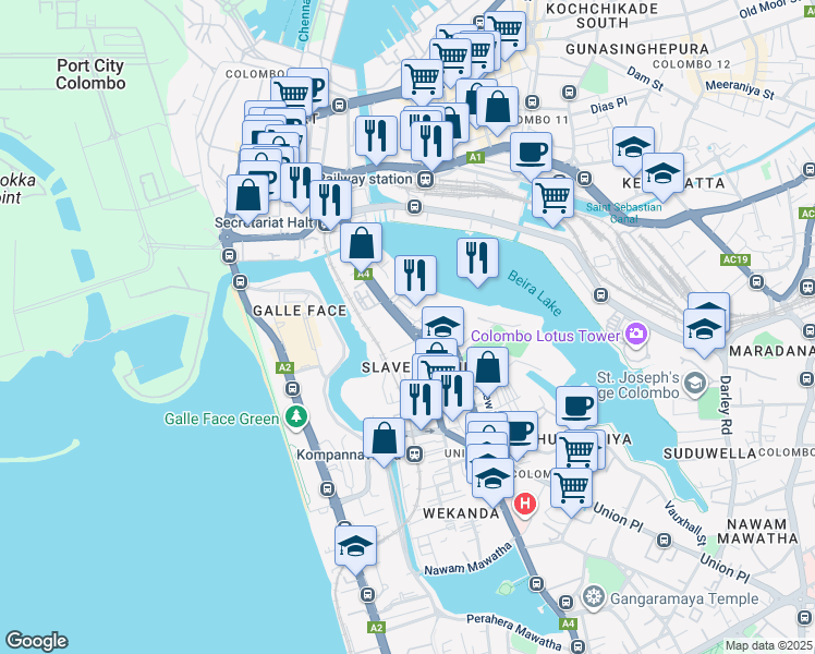 map of restaurants, bars, coffee shops, grocery stores, and more near 115 Sir Chittampalam A Gardiner Mawatha in Colombo
