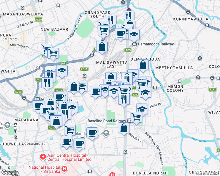 map of restaurants, bars, coffee shops, grocery stores, and more near Dematagoda Rd in Colombo