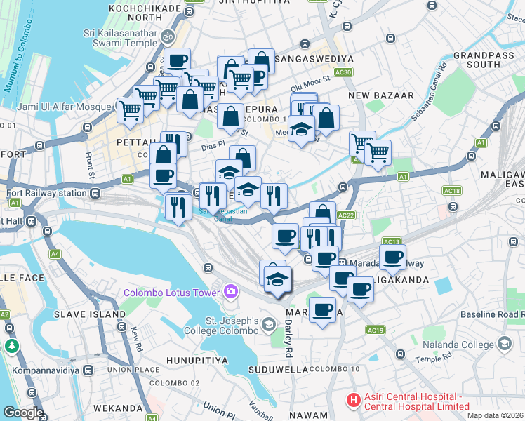 map of restaurants, bars, coffee shops, grocery stores, and more near 993 Maradana Road in Colombo