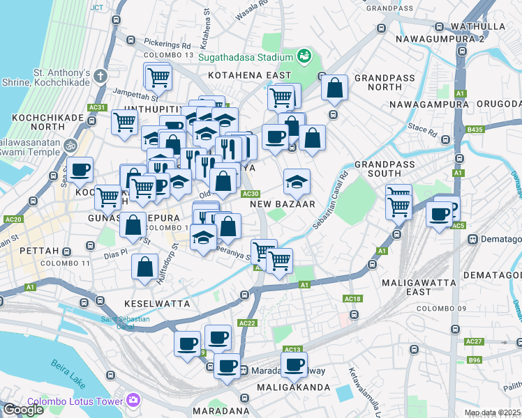 map of restaurants, bars, coffee shops, grocery stores, and more near Sri Sumanatissa Mawatha in Colombo