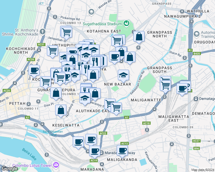 map of restaurants, bars, coffee shops, grocery stores, and more near Sri Sumanatissa Mawatha in Colombo