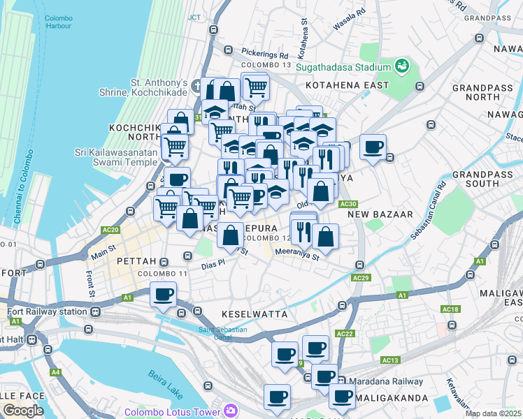map of restaurants, bars, coffee shops, grocery stores, and more near 12 Hulftsdorp Street in Colombo