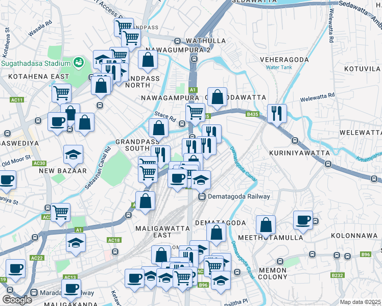 map of restaurants, bars, coffee shops, grocery stores, and more near Baseline Road in Colombo
