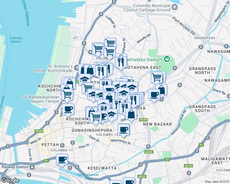map of restaurants, bars, coffee shops, grocery stores, and more near Sangamitta Mawatha in Colombo