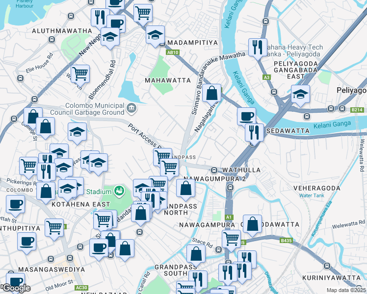 map of restaurants, bars, coffee shops, grocery stores, and more near Sirimavo Bandaranaike Mawatha in Colombo
