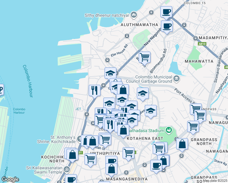 map of restaurants, bars, coffee shops, grocery stores, and more near 47 College Street in Colombo