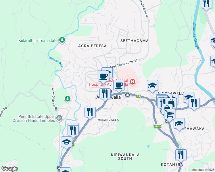 map of restaurants, bars, coffee shops, grocery stores, and more near Kudagama Road in Avissawella