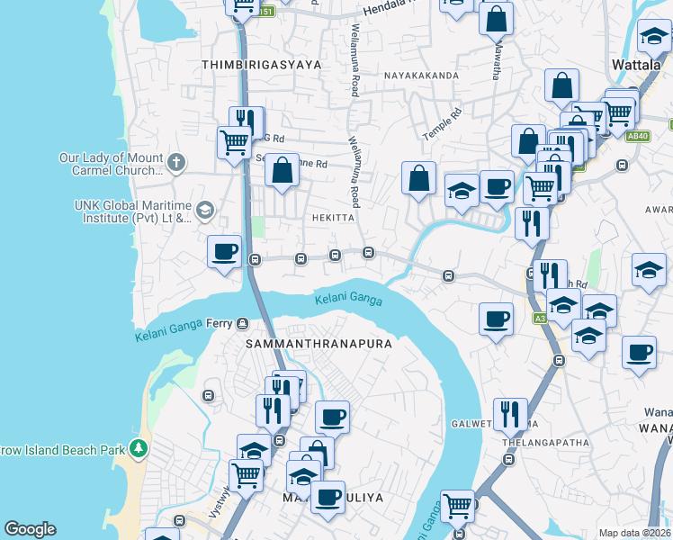 map of restaurants, bars, coffee shops, grocery stores, and more near St Sebastian Road in Wattala