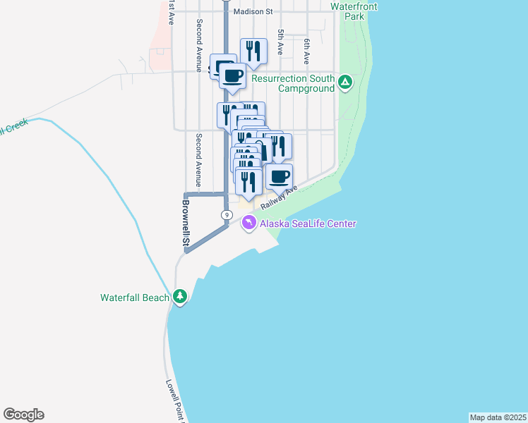 map of restaurants, bars, coffee shops, grocery stores, and more near 401 Railway Avenue in Seward