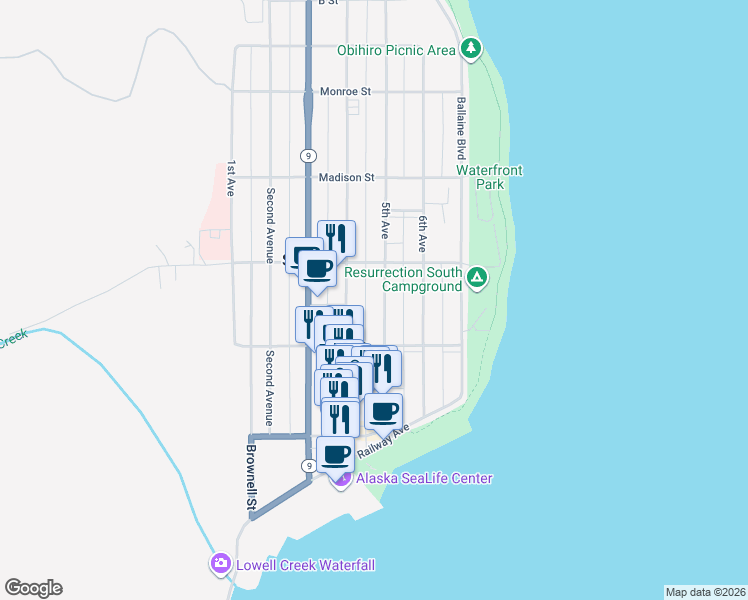 map of restaurants, bars, coffee shops, grocery stores, and more near 325 5th Avenue in Seward