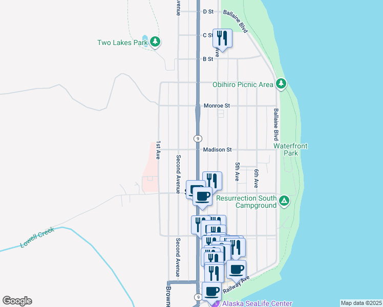 map of restaurants, bars, coffee shops, grocery stores, and more near 437 3rd Avenue in Seward