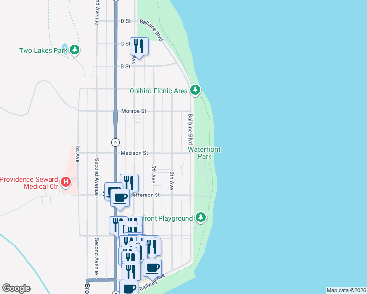 map of restaurants, bars, coffee shops, grocery stores, and more near 610 Madison Street in Seward