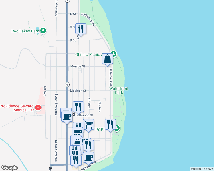 map of restaurants, bars, coffee shops, grocery stores, and more near 610 Madison Street in Seward