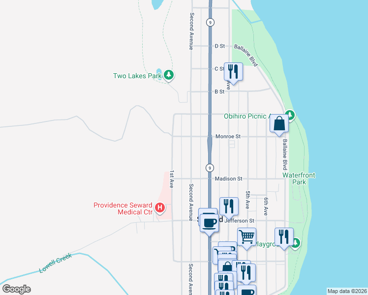 map of restaurants, bars, coffee shops, grocery stores, and more near 529 Second Avenue in Seward