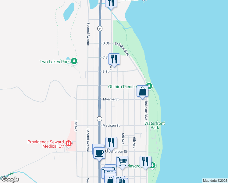 map of restaurants, bars, coffee shops, grocery stores, and more near 700 4th Avenue in Seward