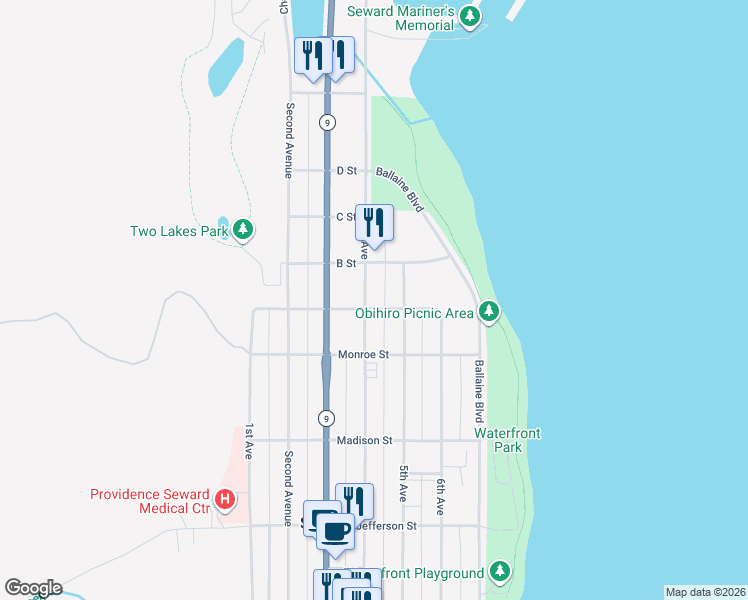 map of restaurants, bars, coffee shops, grocery stores, and more near 700 4th Avenue in Seward