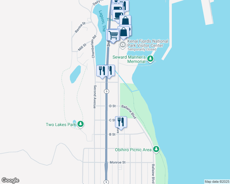 map of restaurants, bars, coffee shops, grocery stores, and more near 1101 4th Avenue in Seward